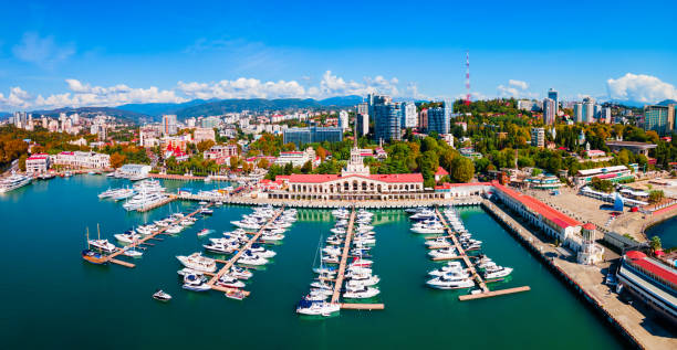 Sochi aerial panoramic view, Russia Sochi port or marine passenger terminal aerial panoramic view in Sochi. Sochi is the resort city along the Black Sea in Russia. sochi photos stock pictures, royalty-free photos & images