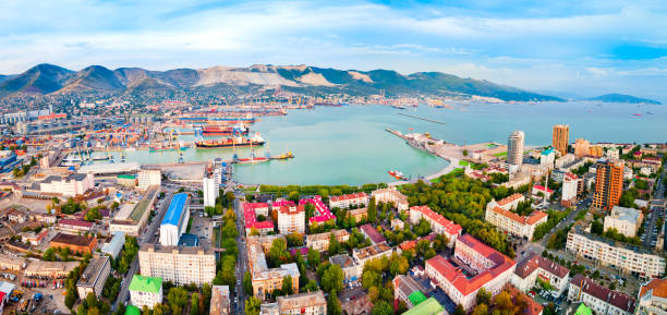 Novorossiysk city centre aerial panoramic view. Novorossiysk is the main port on the Black Sea in Krasnodar Krai, Russia.