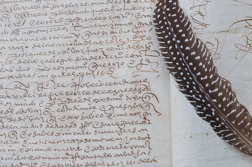 Quill pen next to a 16th century manuscript