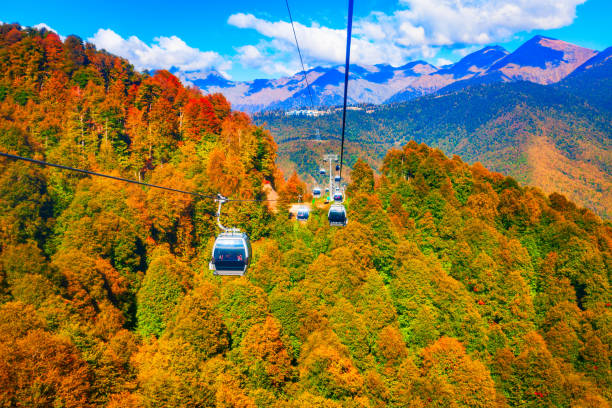 Cable car at Rosa Khutor, Sochi Cable car cabin rises up from Rosa Khutor village to Roza Peak mountain in Sochi resort city in Krasnodar Krai, Russia sochi photos stock pictures, royalty-free photos & images