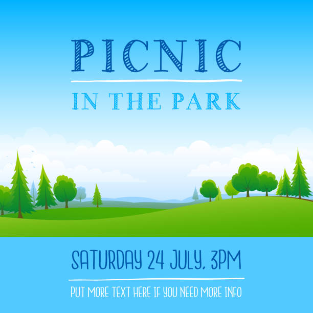 Picnic in the park poster Poster for a picnic party in the park with a landscape and trees picnic stock illustrations