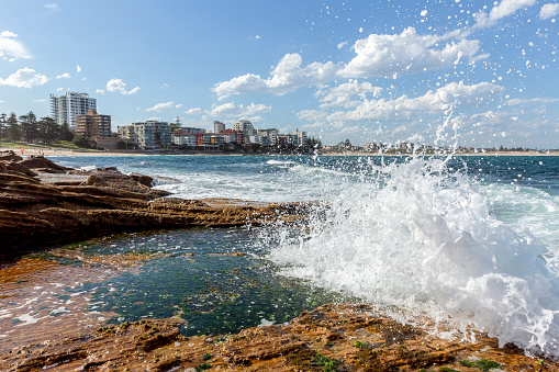 Waves crushing over the rocks near town, Cronulla, NSW,Australia, background with copy space, full frame horizontal composition