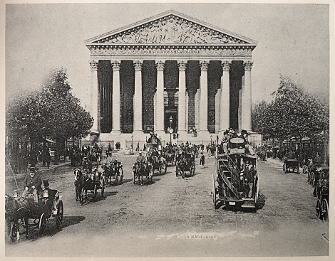 Vintage photograph of the L'église de la Madeleine a Catholic church occupying a commanding position in the 8th arrondissement of Paris.