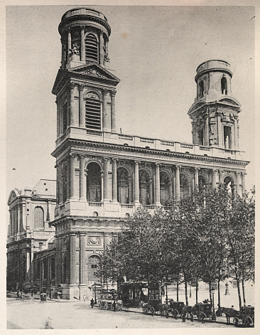 Vintage photograph of Saint-Sulpice, Paris, France 19th Century. A Roman Catholic church in Paris, France, on the east side of Place Saint-Sulpice, in the Latin Quarter of the 6th arrondissement.