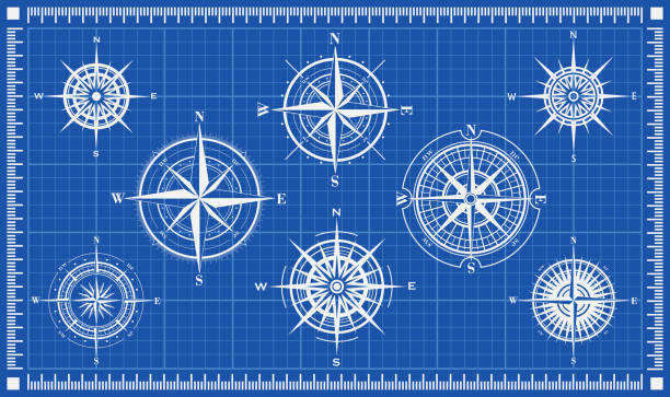 zestaw róż kompasu lub róż wiatrowych na tle planu - compass travel symbol planning stock illustrations