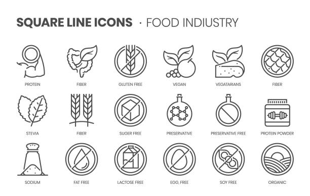 élelmiszeripar, négyzetes vonal ikon készlet - rost témájú stock illusztrációk