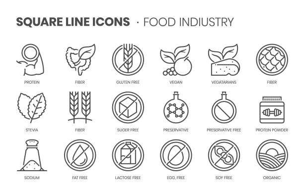 Food industry, square line icon set Food industry, square line icon set. The illustrations are a vector, editable stroke, thirty-two by thirty-two matrix grid, pixel perfect files. fiber stock illustrations