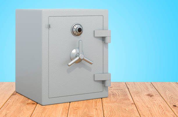 istock Combination Safe Box on the wooden planks, 3D rendering 1307086030