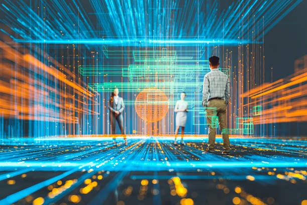 Business meeting in futuristic VR environment