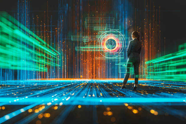 istock Woman working in futuristic VR environment 1307086332