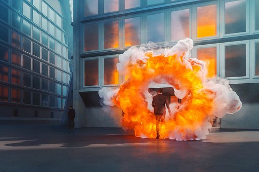 Abstract burning businessman walking, 3D generated image.
