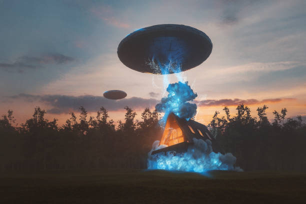 Alien UFO abduction in the middle of the night. This is entirely 3D generated image.