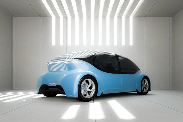 Generic modern autonomous car in concrete garage Generic modern autonomous car in concrete garage. Car design is generic and not based on any real model or brand. 3D generated image. driverless car stock pictures, royalty-free photos & images