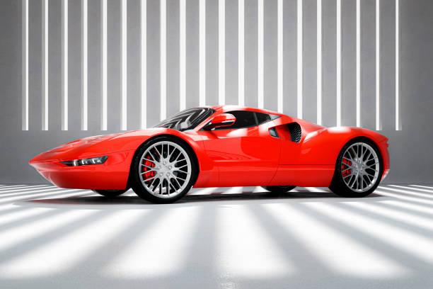 Generic modern sports car in concrete garage Generic modern sports car in concrete garage. Car design is generic and not based on any real model or brand. 3D generated image. sports car stock pictures, royalty-free photos & images