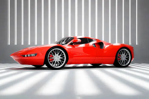 Generic modern sports car in concrete garage. Car design is generic and not based on any real model or brand. 3D generated image.