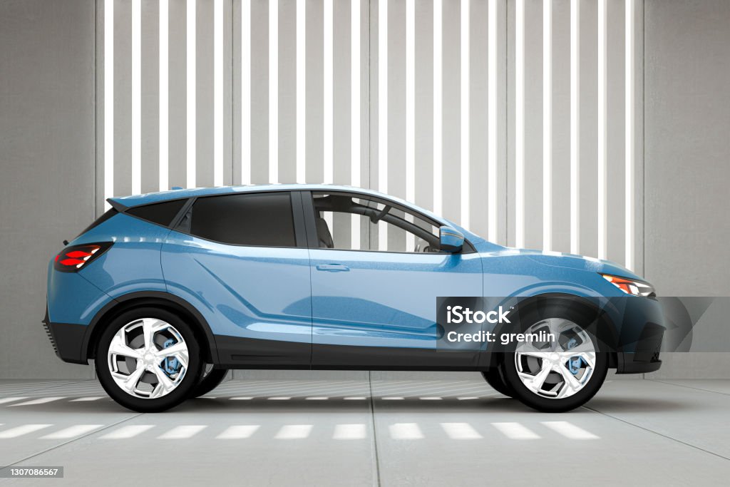 Generic modern SUV car in concrete garage Generic modern SUV car in concrete garage. Car design is generic and not based on any real model or brand. 3D generated image. Car Stock Photo