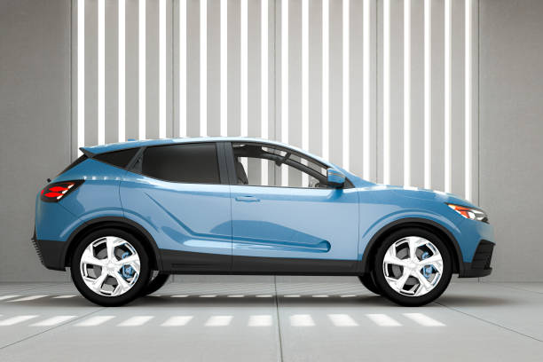 Generic modern SUV car in concrete garage Generic modern SUV car in concrete garage. Car design is generic and not based on any real model or brand. 3D generated image. empty home garage stock pictures, royalty-free photos & images