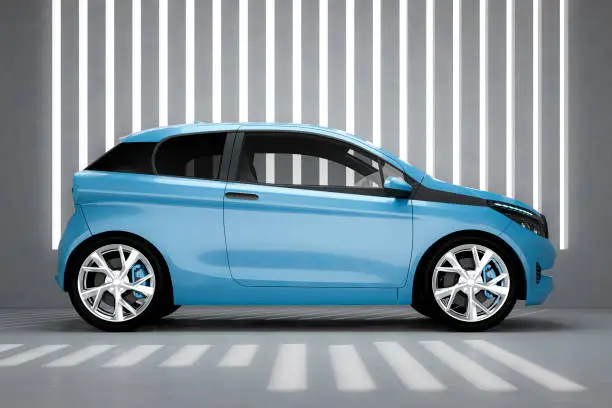 Generic small modern electric car in concrete garage. Car design is generic and not based on any real model or brand. 3D generated image.