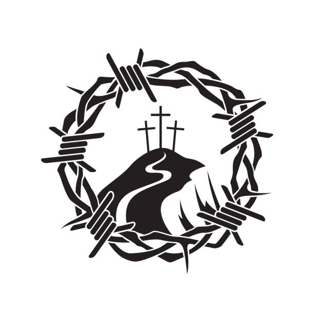 thorn crown icon jesus thorn crown and golgotha with barbed wire isolated on white background nail cross stock illustrations