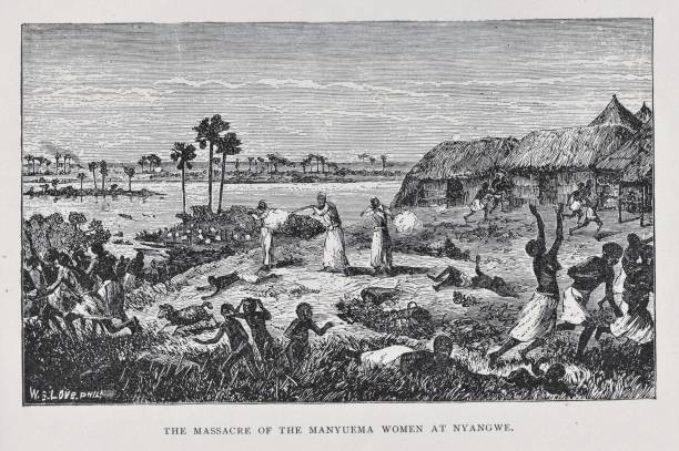 Massacre of Manyuema People at Nyangwe, Congo, 1871, African History Slave traders shot 300-400 women in their village in the Congo, Africa, July 14, 1871, then captured other Africans and enslaved them. Illustration published 1891. Source: Original edition is from my own archives. Copyright has expired and is in Public Domain. african slaves stock illustrations