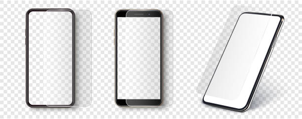 Screen Protector Glass. Transparent tempered glass shield for mobile phone. Smartphone screen and mobile with protection display coating. Mockup phone for visual ui app demonstration. Vector Screen Protector Glass. Transparent tempered glass shield for mobile phone. Smartphone screen and mobile with protection display coating. screen partition stock illustrations