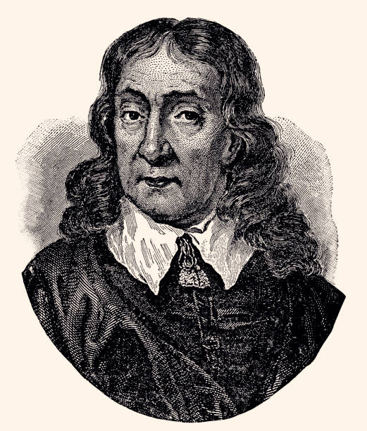 JOHN MILTON ((XXXL with lots of details) John Milton (9 December 1608 – 8 November 1674) was an English poet and intellectual who served as a civil servant for the Commonwealth of England under its Council of State and later under Oliver Cromwell. Vintage etching circa late 19th century. fame illustrations stock illustrations