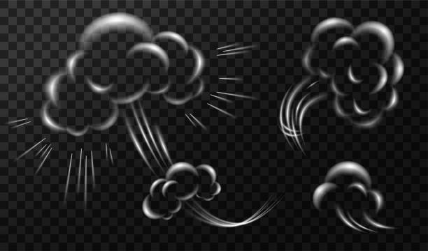 Comic style speed and smoke set. Isolated exploding clouds with moving trails Comic style speed and smoke set. Isolated exploding clouds with moving trails. Vector transparent illustration air jump stock illustrations