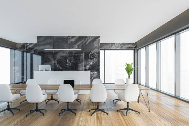 istock Empty office conference meeting room with reception desk computer and marbel wall, wooden parquet. Panoramic windows. City view. 1307093637