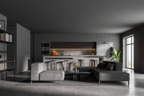 istock Gray living room and kitchen interior 1307094732