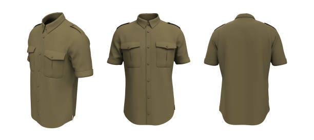 istock Men's short-sleeve military shirt mockup in front, side and back views 1307094903