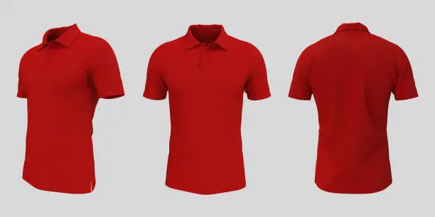 Blank collared shirt mockup in front, side and back views, tee design presentation for print, 3d rendering, 3d illustration