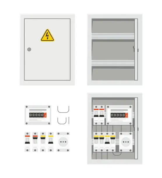 Vector illustration of Electrical power switch panel with open and close door. Fuse box. Isolated vector illustration in flat style