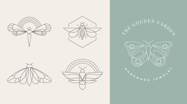 Bohemian linear logos, icons and symbols, insect, butterfly, dragonfly and moth design templates, geometric abstract design elements for decoration. Bohemian linear logos, icons and symbols, insect, butterfly, dragonfly and moth design templates, geometric abstract design elements for decoration. Vector illustration dragonfly tattoo stock illustrations