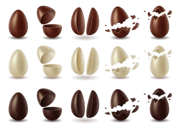 ilustraciones, imágenes clip art, dibujos animados e iconos de stock de juego de huevos de chocolate de leche, chocolate negro y blanco, enteros, rotos y mitades de huevos de pascua - huevo de pascua de chocolate