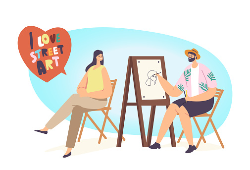 Street Artist Character Painting Portrait of Beautiful Girl Sitting in Front of Easel. Painter Holding Brush, Woman Posing, Outdoor Creative Hobby, Art, Profession. Cartoon People Vector Illustration
