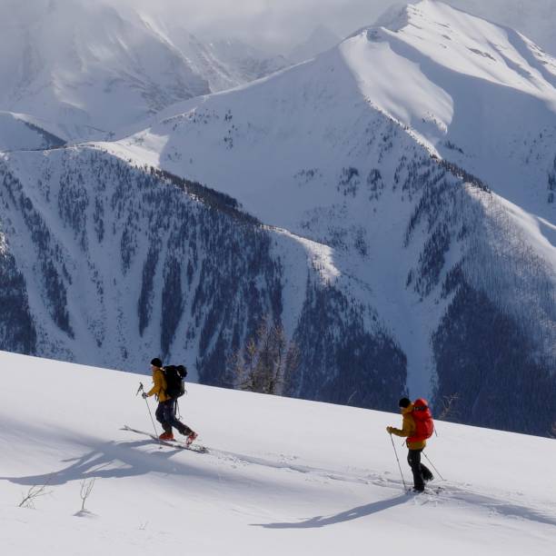 narciarze backcountry wznoszą się rano na śnieżny grzbiet górski - skiing snow ski slope sunlight zdjęcia i obrazy z banku zdjęć