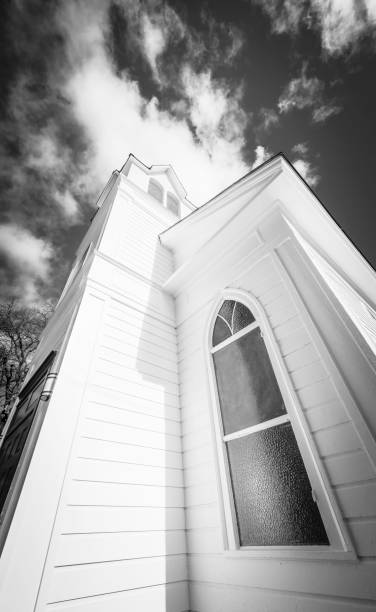 Black and White Church Wide Angle Side View stock photo