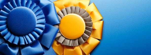 A close up of the rosette of a blue ribbon and a gold ribbon on a blue background.