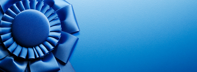 A close up of the rosette of a blue ribbon on a blue background.