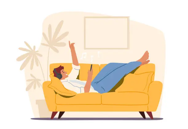 Vector illustration of Relaxed Male Character in Headphones Listening Music on Smartphone Application Lying on Sofa. Man Relaxing Enjoying Life