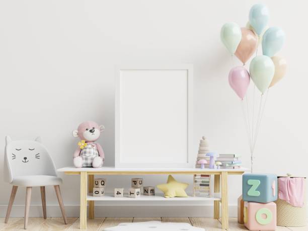istock Mock up posters in child room interior, posters on empty white wall background. 1307111299
