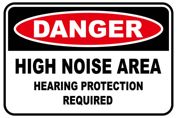 illustrations, cliparts, dessins animés et icônes de panneau d’avertissement de zone de bruit élevé, protection auditive exigée - panneau avertisseur
