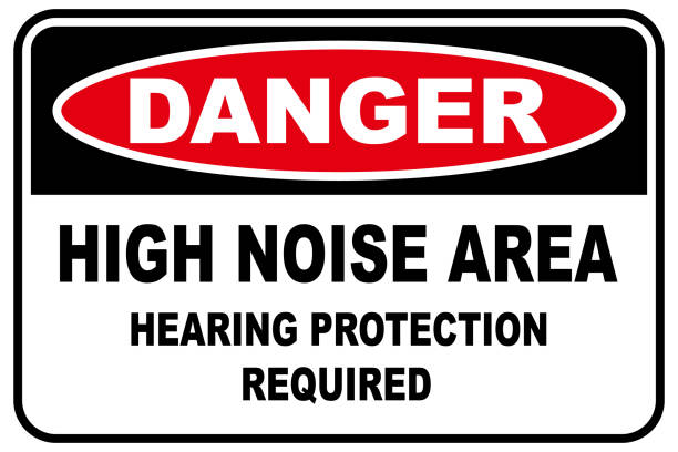 High noise area warning sign, Hearing protection required Vector illustration of a danger sign, High noise area warning symbol stock illustrations