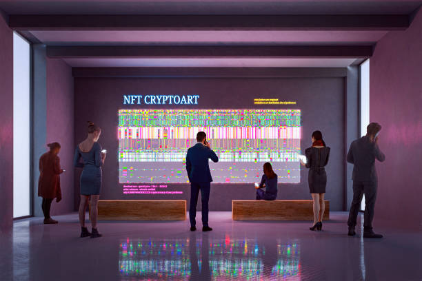 NFT CryptoArt display in art gallery NFT CryptoArt display in art gallery with people using smart phones and digital tablets. Entrirely 3D generated image. Image on the walls is my own and it's a 3D generated images as well. non fungible token stock pictures, royalty-free photos & images