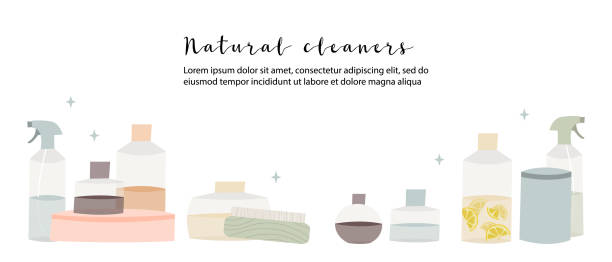 Natural household cleaners: soda, vinegar, lemon, mustard powder, salt, laundry soap. Eco friendly detergents, chemical free. Zero waste lifestyle. Green home concept. Vector flat cartoon illustration Natural household cleaners: soda, vinegar, lemon, mustard powder, salt, laundry soap. Eco friendly detergents, chemical free. Zero waste lifestyle. Green home concept. Vector flat cartoon illustration, isolated on white citric acid stock illustrations