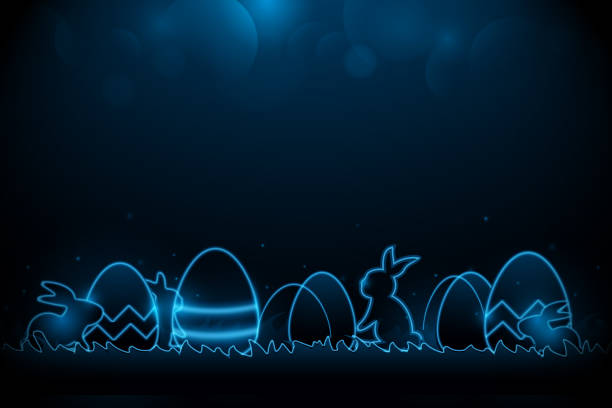 illustrations, cliparts, dessins animés et icônes de petit lapin avec les oeufs décorés de pâques sur l’herbe. concept futuriste de technologie dans la lumière foncée et bleue. illustration vectorielle - easter animal egg eggs vector
