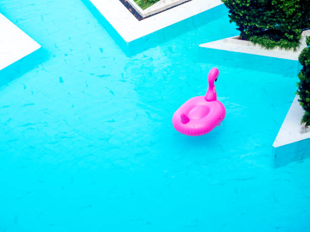 istock Empty lonely pink inflatable flamingo floating in modern pool. 1307120815