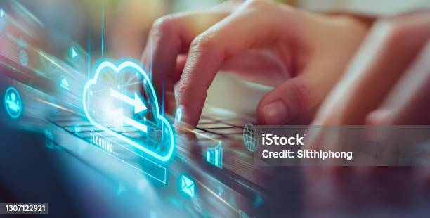 Cloud Computing Technology Concept Hand Using Laptop With Upload Data On Internet Storage Stock Photo - Download Image Now