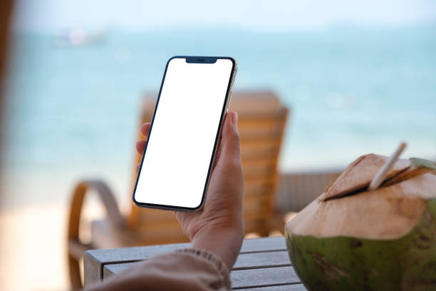 istock a woman holding mobile phone with blank desktop screen while sitting on the beach 1307123830