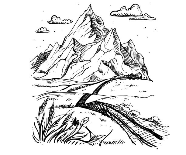 Mountains sketch. Hand drawn vector illustration. Mountain travel, highlands range. Dot and line art. Rocky peaks. Landscape silhouette. Mountains sketch. Hand drawn vector illustration. Mountain travel, highlands range. Dot and line art. Rocky peaks. Landscape silhouette pen and ink stock illustrations